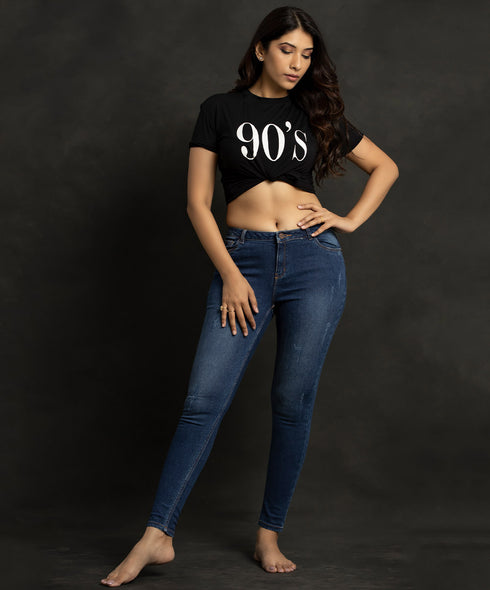 Mid Waist Shredded Dark Blue Jean